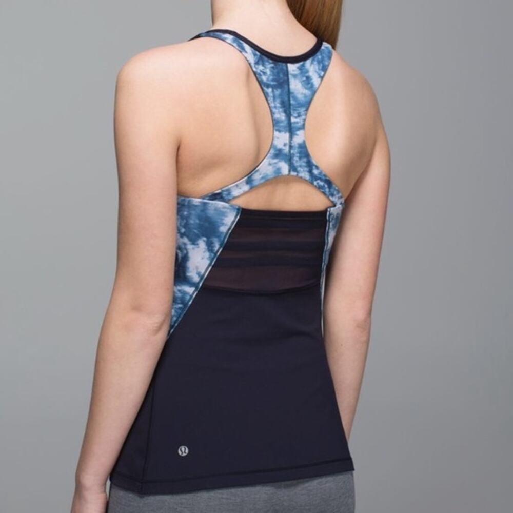 Lululemon Womens Tank Sz 8 Mesh With Me Top Naval‎ Blue Seaside Silver Fox Lake